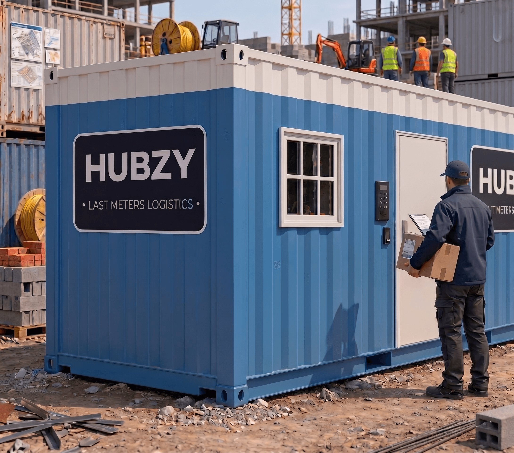 Module HUBZY — conteneur connecté avec livreur scannant un colis